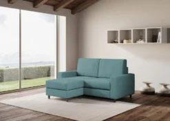 Divano 148x85cm design a due posti con bracciolo squadrato idrorepellente e pouf blu petrolio DI15
