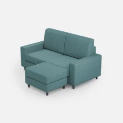Divano 148x85cm design a due posti con bracciolo squadrato idrorepellente e pouf blu petrolio DI15