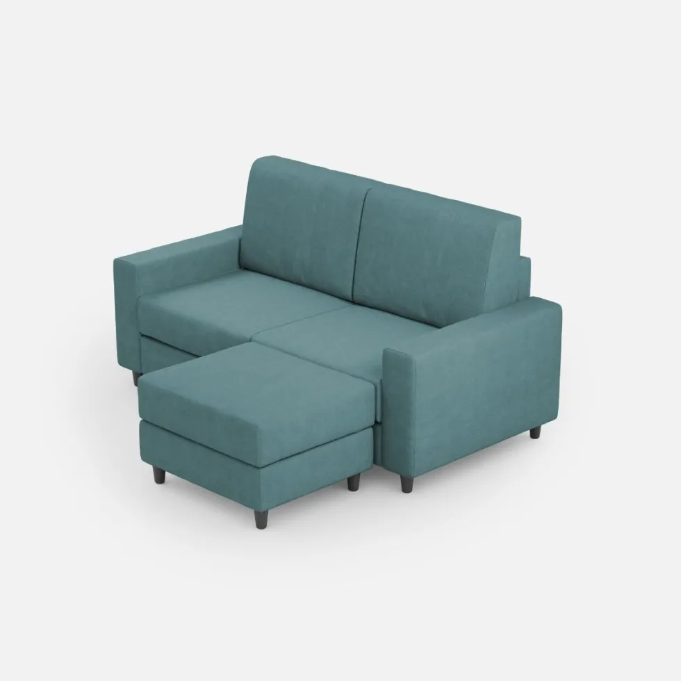 Divano 148x85cm design a due posti con bracciolo squadrato idrorepellente e pouf blu petrolio DI15
