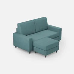 Divano 148x85cm design a due posti con bracciolo squadrato idrorepellente e pouf blu petrolio DI15