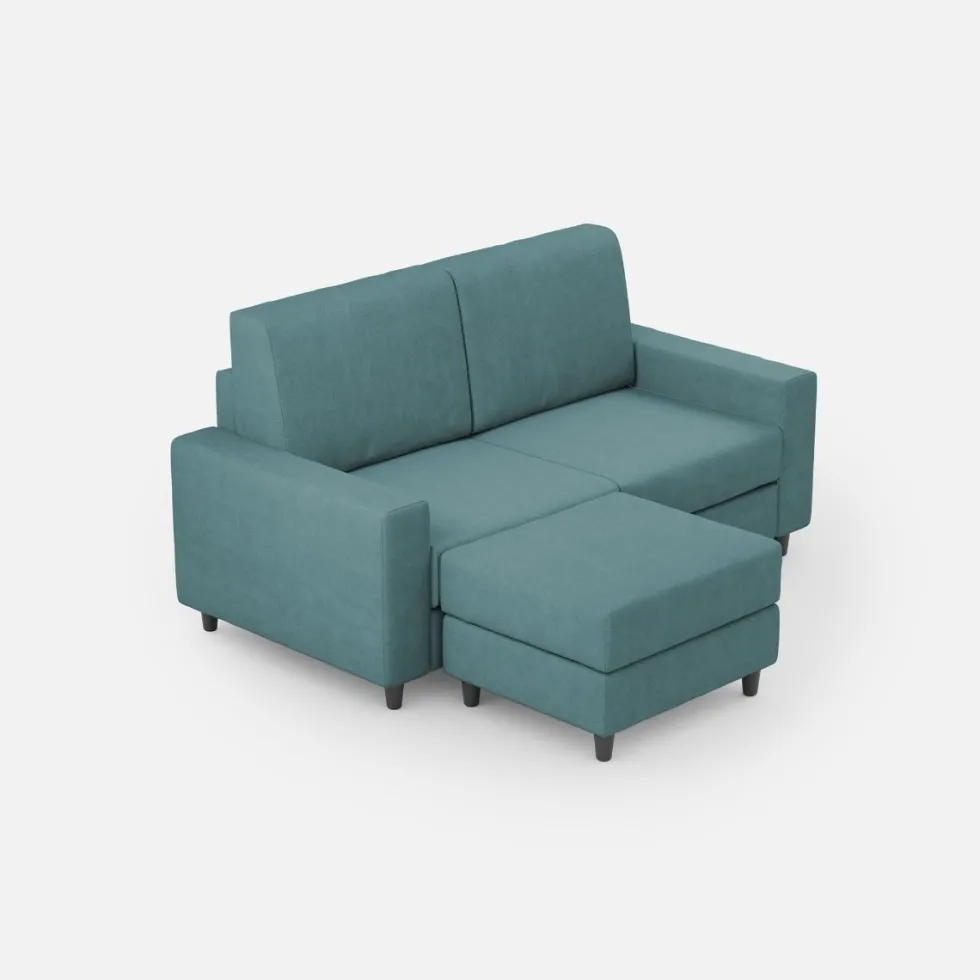 Divano 148x85cm design a due posti con bracciolo squadrato idrorepellente e pouf blu petrolio DI15