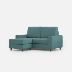 Divano 148x85cm design a due posti con bracciolo squadrato idrorepellente e pouf blu petrolio DI15