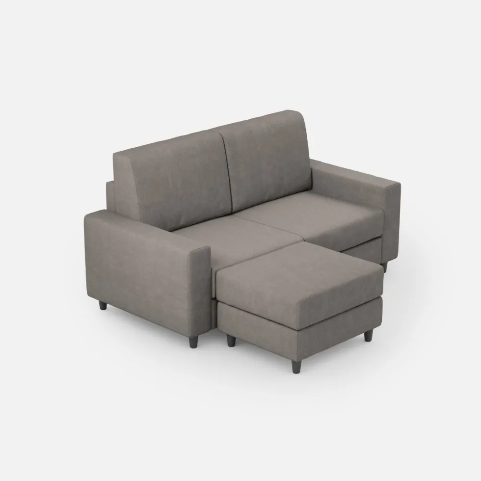 Divano 148x85cm design a due posti con bracciolo squadrato idrorepellente e pouf grigio DI15