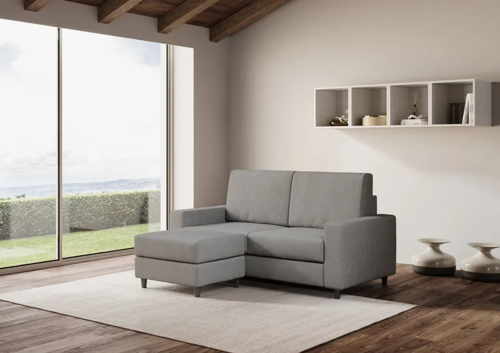 Divano 148x85cm design a due posti con bracciolo squadrato idrorepellente e pouf grigio DI15