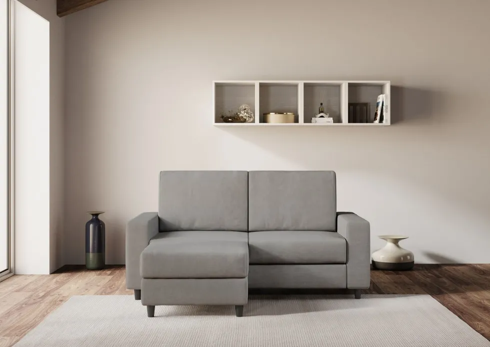 Divano 148x85cm design a due posti con bracciolo squadrato idrorepellente e pouf grigio DI15
