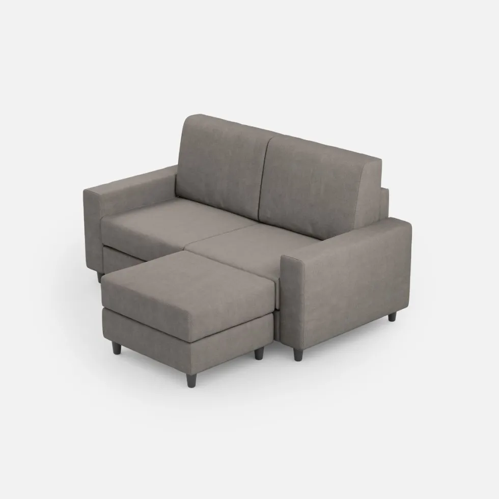 Divano 148x85cm design a due posti con bracciolo squadrato idrorepellente e pouf grigio DI15