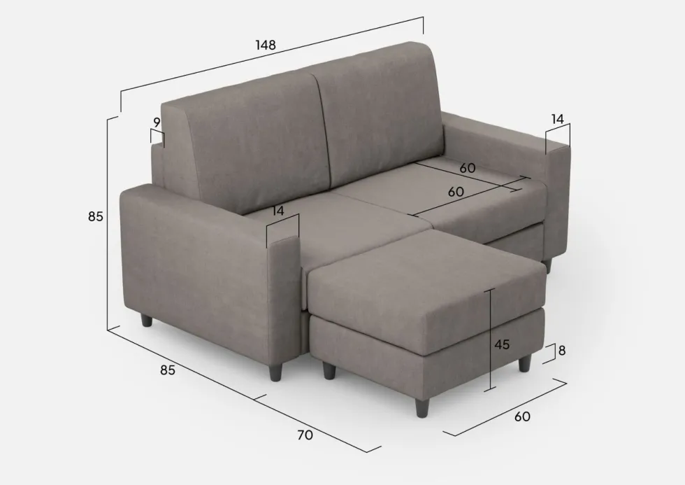 Divano 148x85cm design a due posti con bracciolo squadrato idrorepellente e pouf grigio DI15