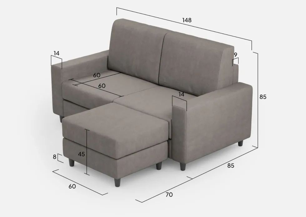 Divano 148x85cm design a due posti con bracciolo squadrato idrorepellente e pouf grigio DI15