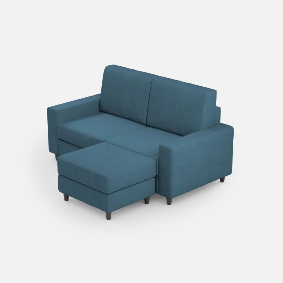 Divano 148x85cm design a due posti con bracciolo squadrato idrorepellente e pouf blu avio DI15