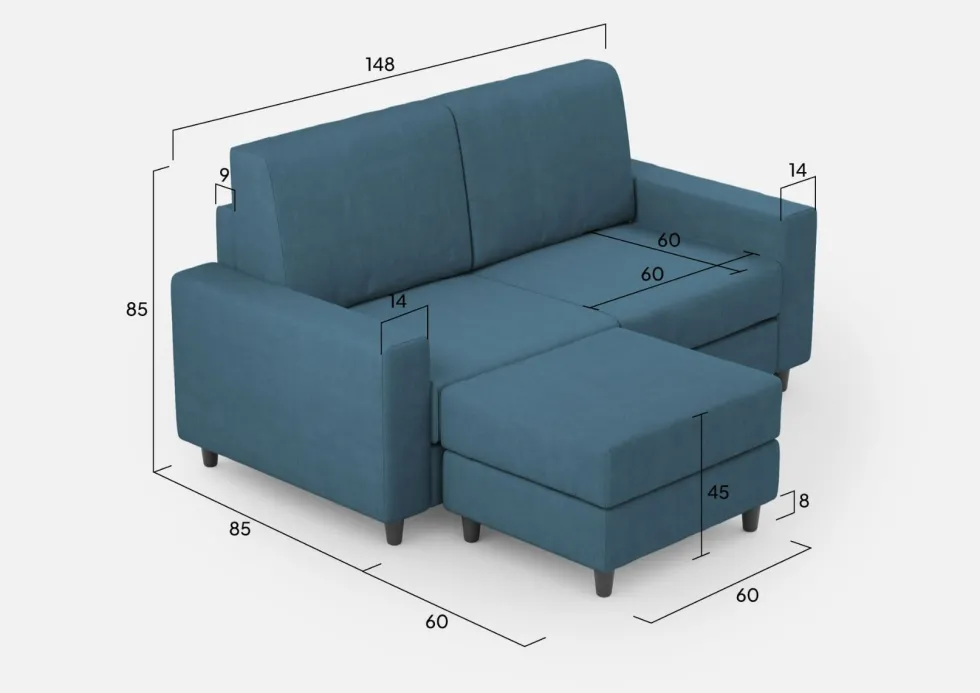 Divano 148x85cm design a due posti con bracciolo squadrato idrorepellente e pouf blu avio DI15