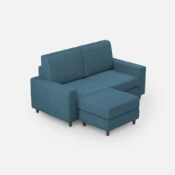 Divano 148x85cm design a due posti con bracciolo squadrato idrorepellente e pouf blu avio DI15