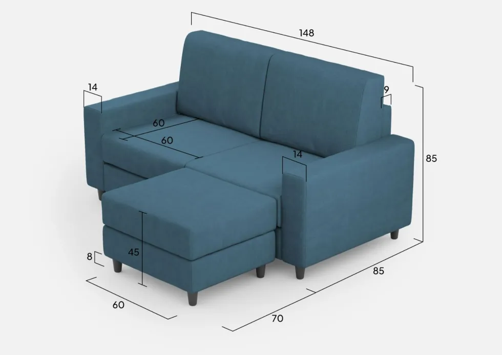 Divano 148x85cm design a due posti con bracciolo squadrato idrorepellente e pouf blu avio DI15