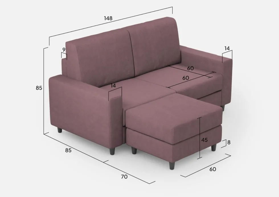 Divano 148x85cm design a due posti con bracciolo squadrato idrorepellente e pouf prugna DI15