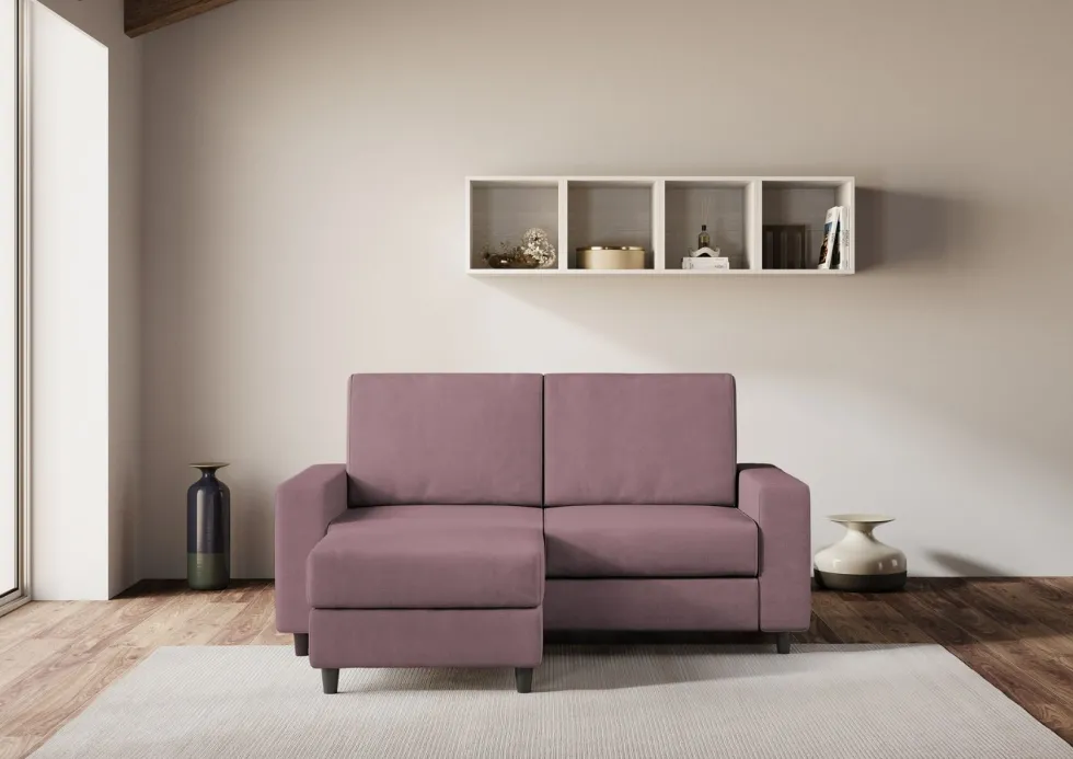 Divano 148x85cm design a due posti con bracciolo squadrato idrorepellente e pouf prugna DI15