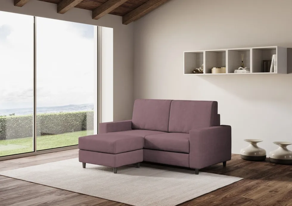 Divano 148x85cm design a due posti con bracciolo squadrato idrorepellente e pouf prugna DI15