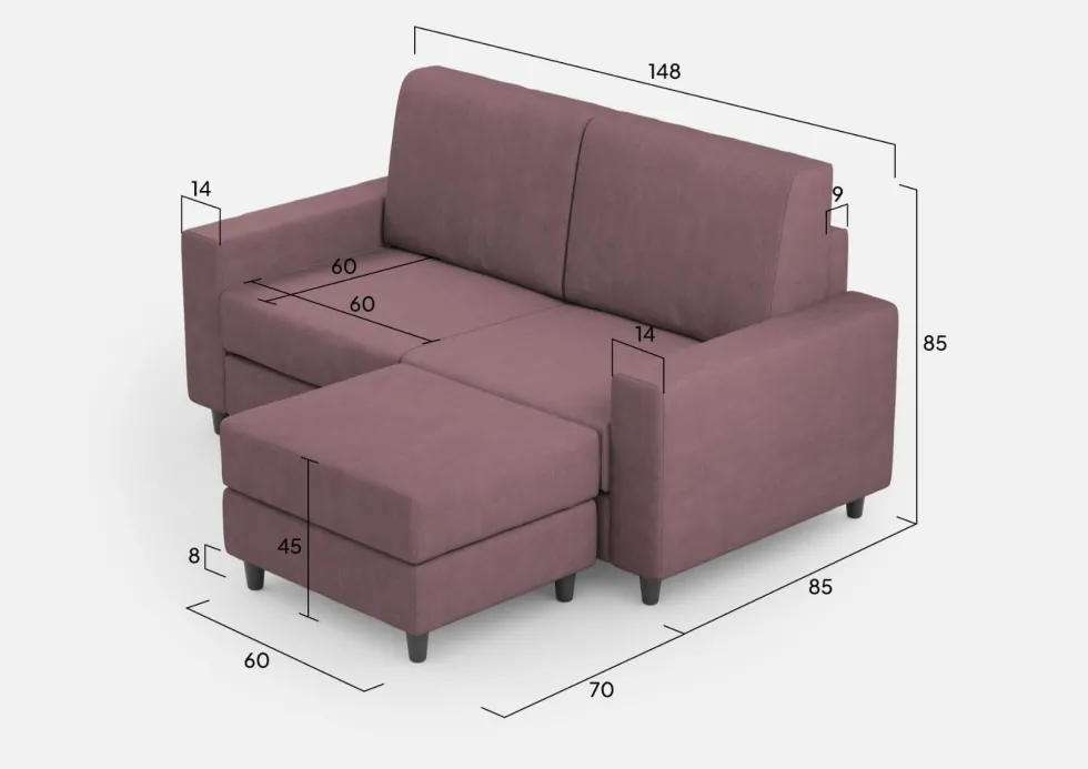 Divano 148x85cm design a due posti con bracciolo squadrato idrorepellente e pouf prugna DI15