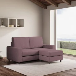 Divano 148x85cm design a due posti con bracciolo squadrato idrorepellente e pouf prugna DI15