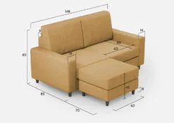 Divano 148x85cm design a due posti con bracciolo squadrato idrorepellente e pouf ocra DI15