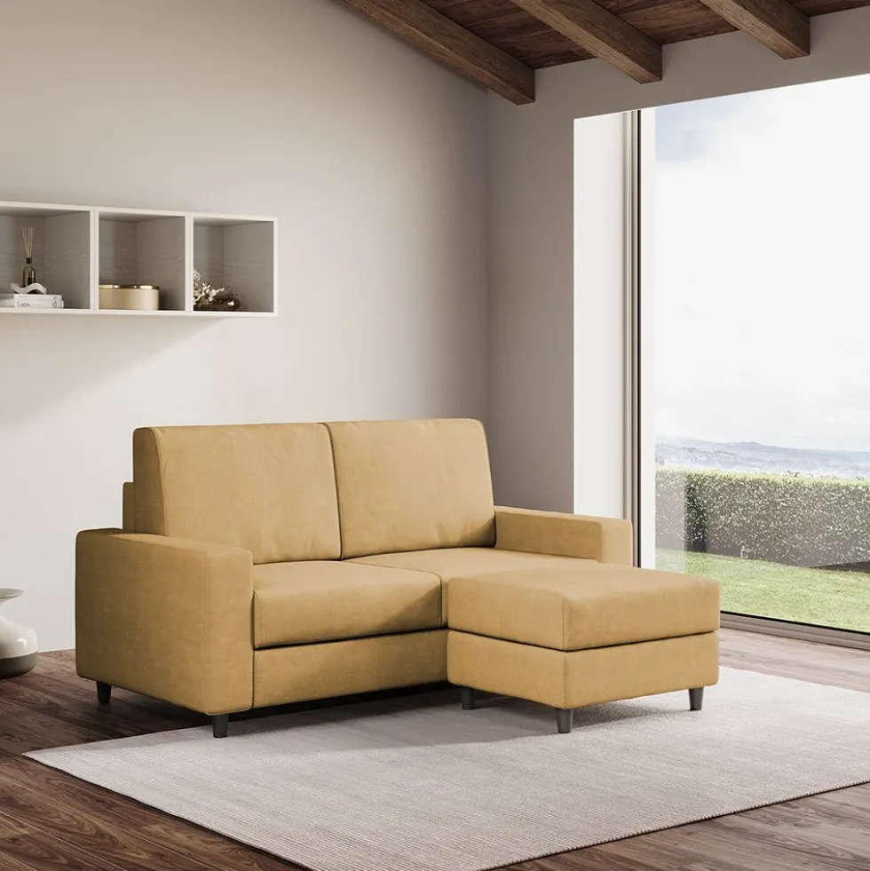 Divano 148x85cm design a due posti con bracciolo squadrato idrorepellente e pouf ocra DI15