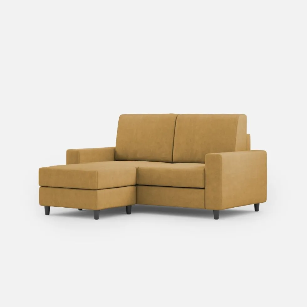 Divano 148x85cm design a due posti con bracciolo squadrato idrorepellente e pouf ocra DI15