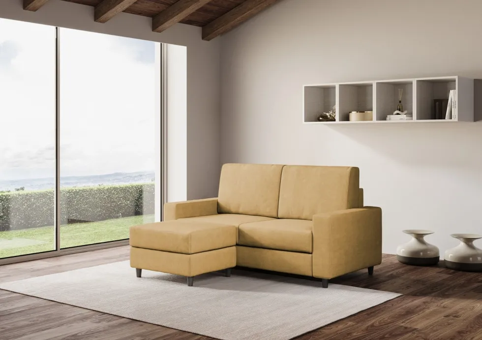 Divano 148x85cm design a due posti con bracciolo squadrato idrorepellente e pouf ocra DI15