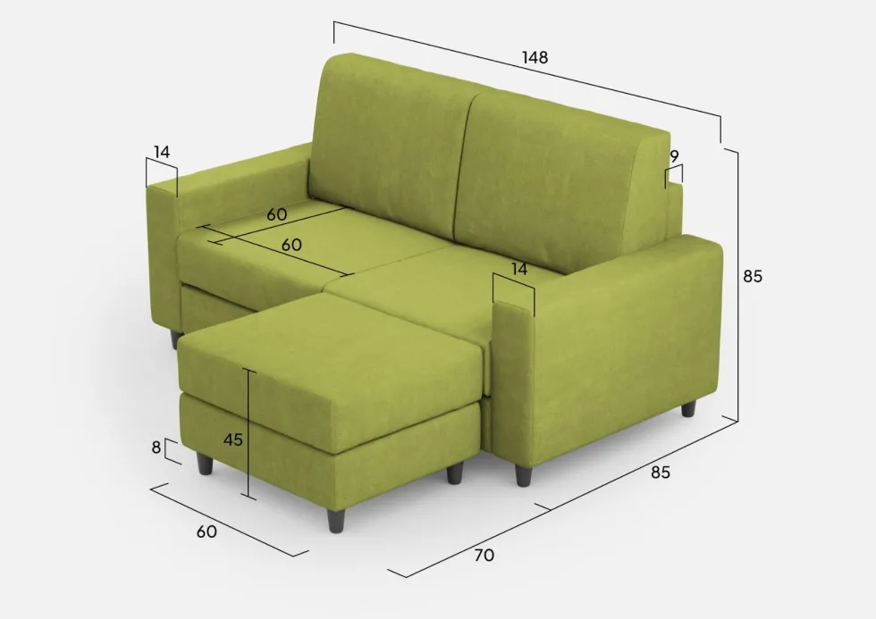Divano 148x85cm design a due posti con bracciolo squadrato idrorepellente e pouf verde DI15