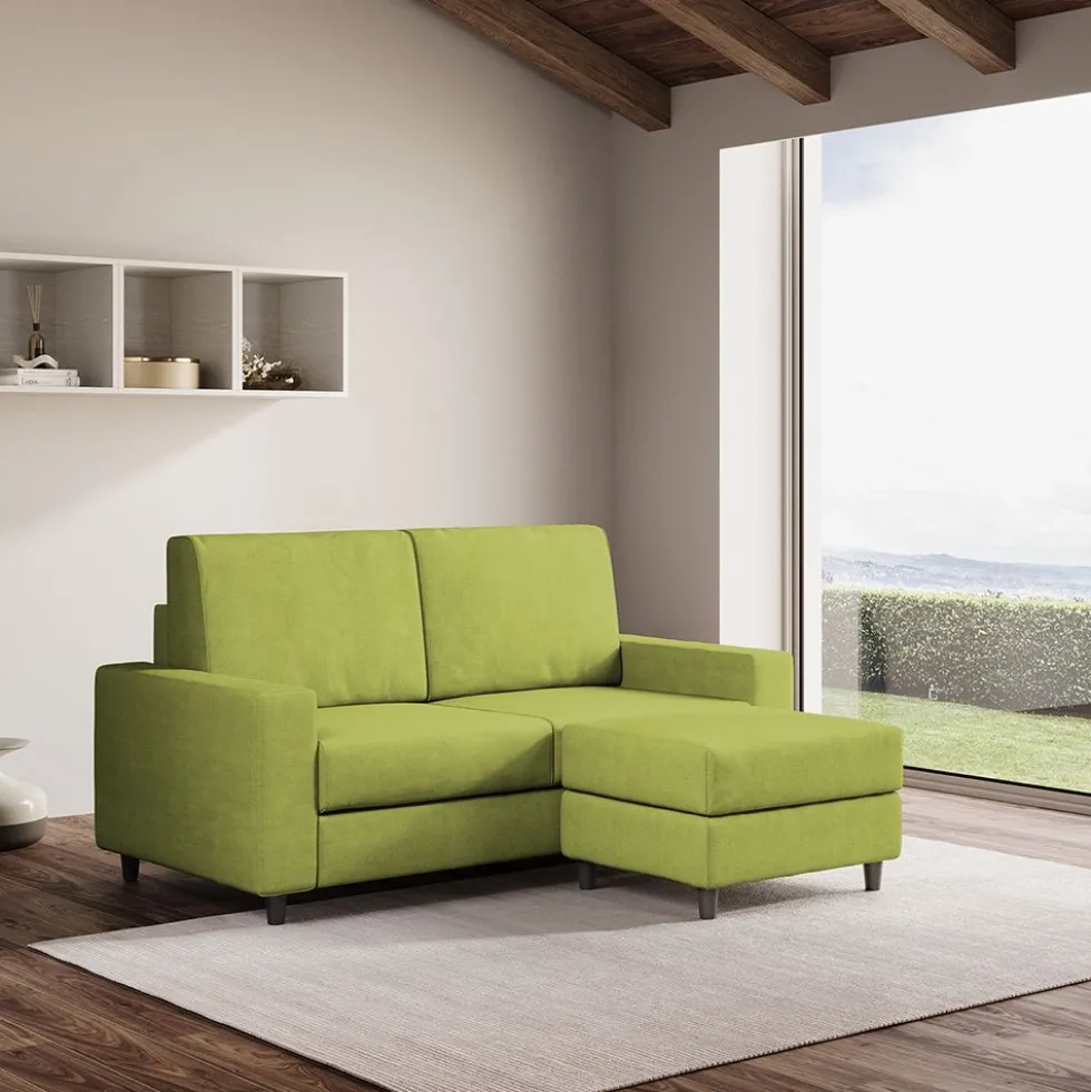 Divano 148x85cm design a due posti con bracciolo squadrato idrorepellente e pouf verde DI15