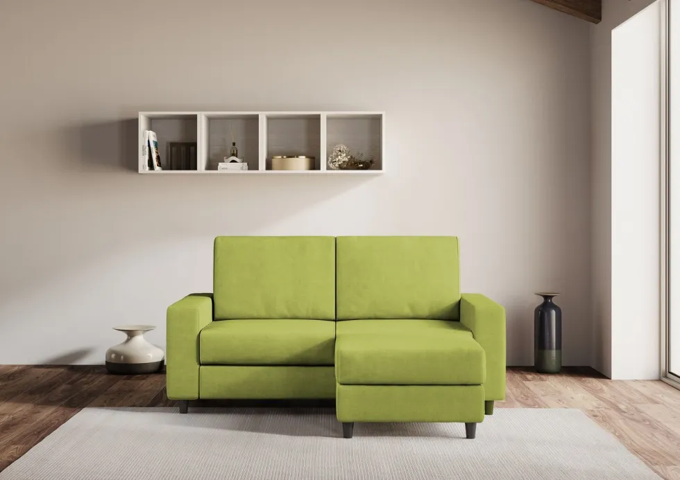 Divano 148x85cm design a due posti con bracciolo squadrato idrorepellente e pouf verde DI15