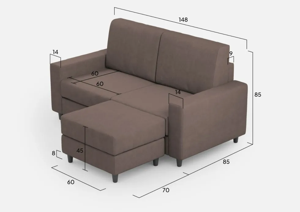 Divano 148x85cm design a due posti con bracciolo squadrato idrorepellente e pouf talpa DI15