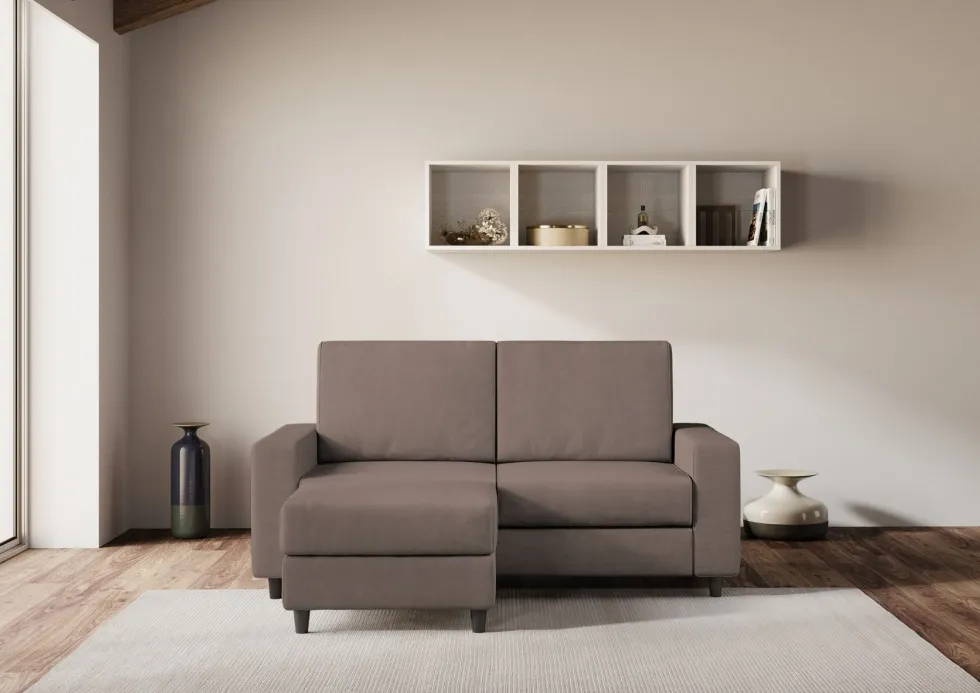 Divano 148x85cm design a due posti con bracciolo squadrato idrorepellente e pouf talpa DI15