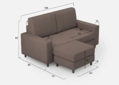 Divano 148x85cm design a due posti con bracciolo squadrato idrorepellente e pouf talpa DI15