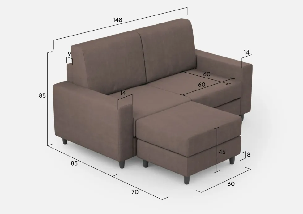Divano 148x85cm design a due posti con bracciolo squadrato idrorepellente e pouf talpa DI15