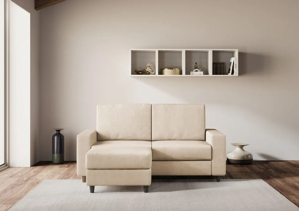 Divano 148x85cm design a due posti con bracciolo squadrato idrorepellente e pouf beige DI15