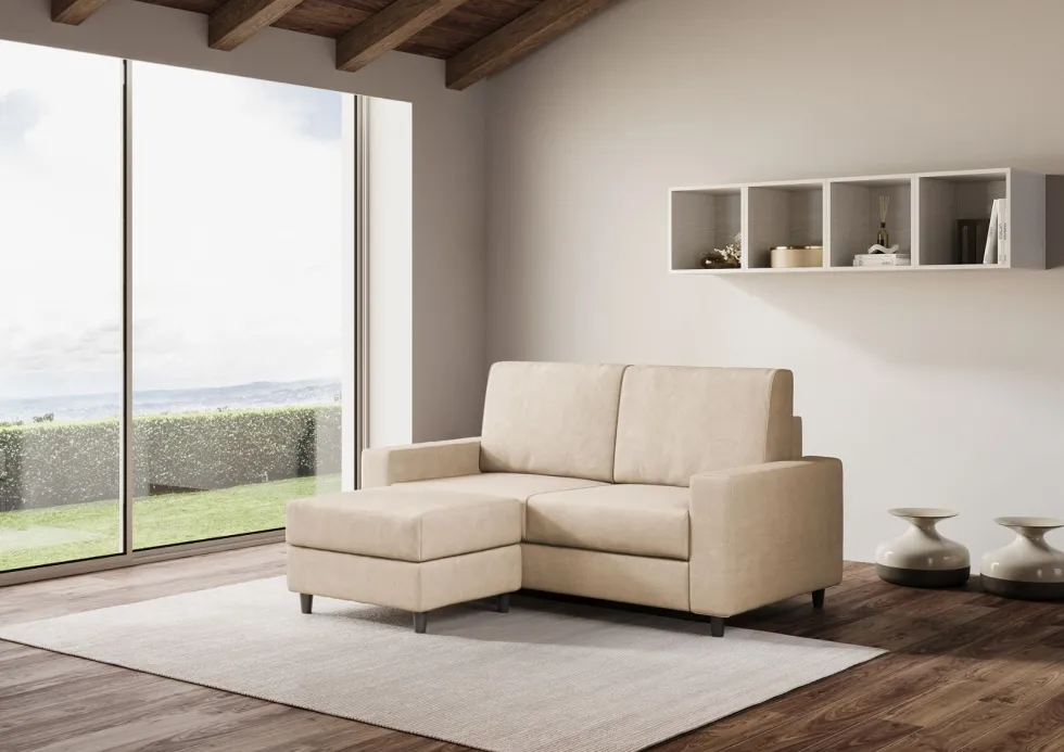 Divano 148x85cm design a due posti con bracciolo squadrato idrorepellente e pouf beige DI15
