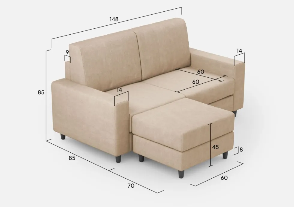 Divano 148x85cm design a due posti con bracciolo squadrato idrorepellente e pouf beige DI15