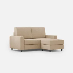 Divano 148x85cm design a due posti con bracciolo squadrato idrorepellente e pouf beige DI15