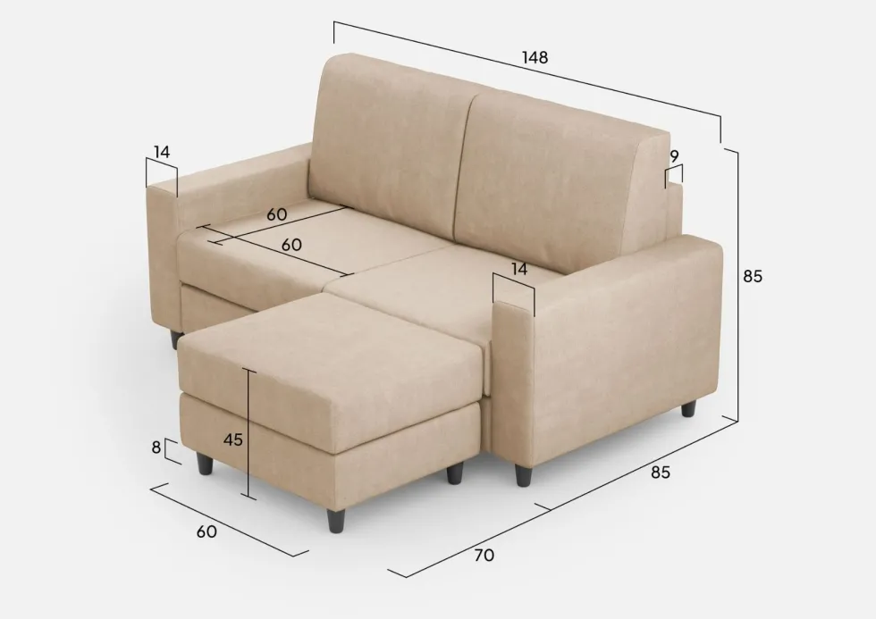 Divano 148x85cm design a due posti con bracciolo squadrato idrorepellente e pouf beige DI15