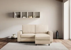 Divano 148x85cm design a due posti con bracciolo squadrato idrorepellente e pouf beige DI15