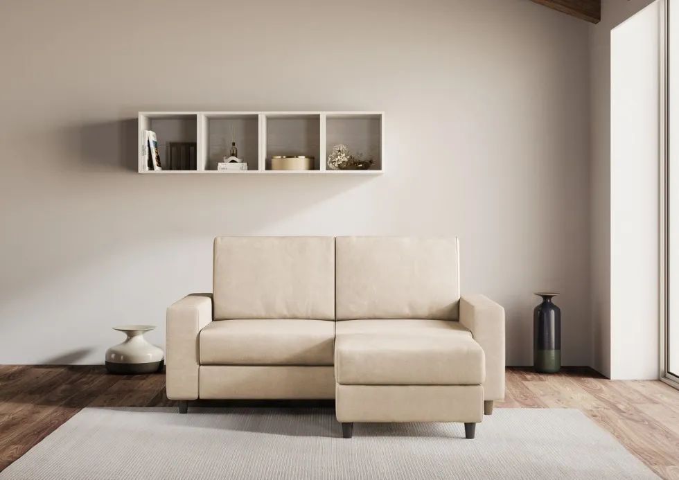 Divano 148x85cm design a due posti con bracciolo squadrato idrorepellente e pouf beige DI15