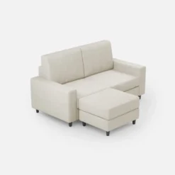 Divano 148x85cm design a due posti con bracciolo squadrato idrorepellente e pouf bianco latte DI15