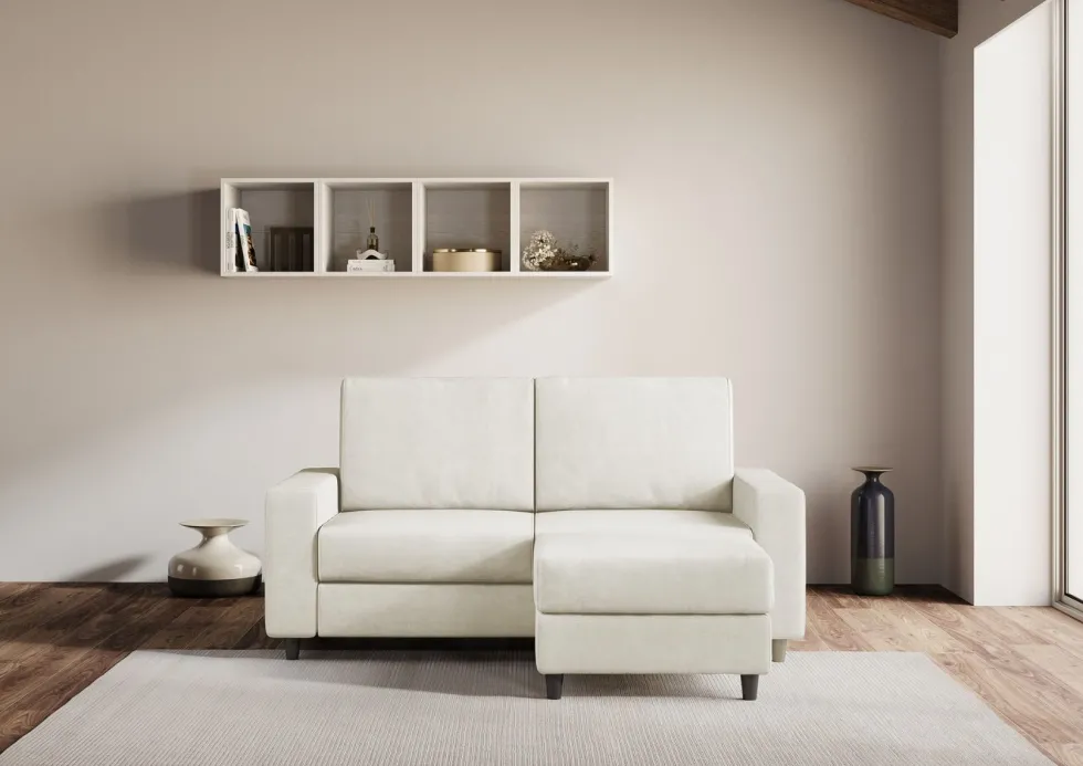 Divano 148x85cm design a due posti con bracciolo squadrato idrorepellente e pouf bianco latte DI15