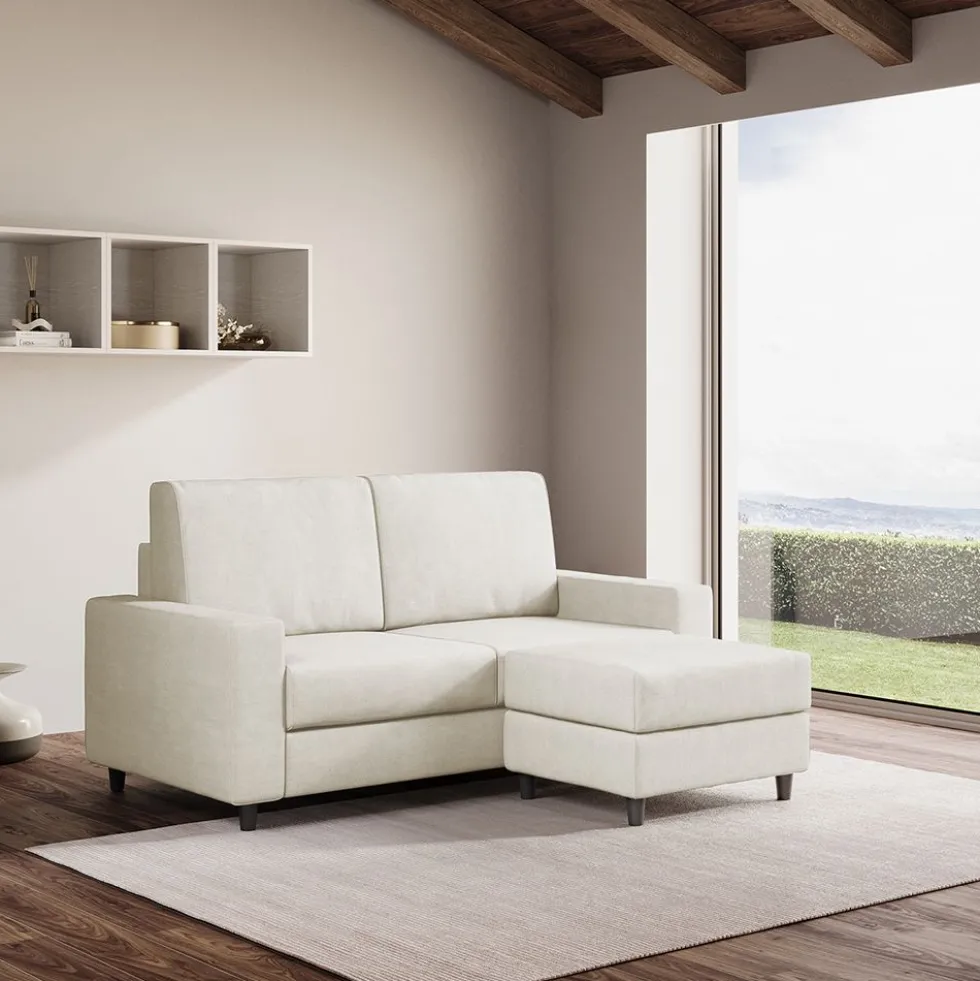 Divano 148x85cm design a due posti con bracciolo squadrato idrorepellente e pouf bianco latte DI15