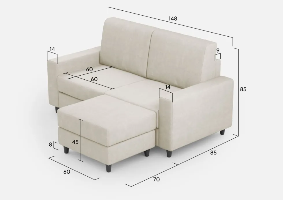 Divano 148x85cm design a due posti con bracciolo squadrato idrorepellente e pouf bianco latte DI15