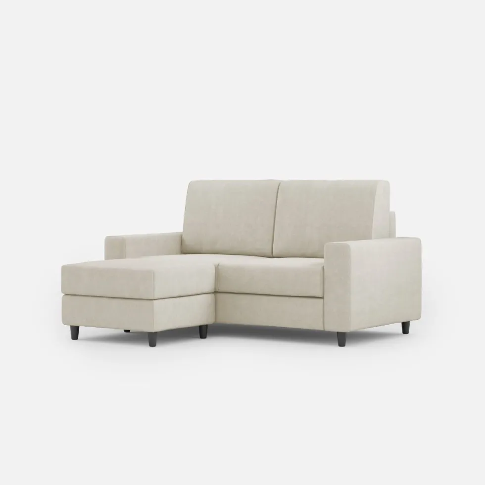 Divano 148x85cm design a due posti con bracciolo squadrato idrorepellente e pouf bianco latte DI15