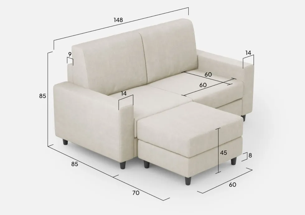 Divano 148x85cm design a due posti con bracciolo squadrato idrorepellente e pouf bianco latte DI15