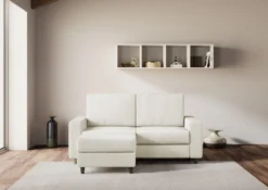 Divano 148x85cm design a due posti con bracciolo squadrato idrorepellente e pouf bianco latte DI15