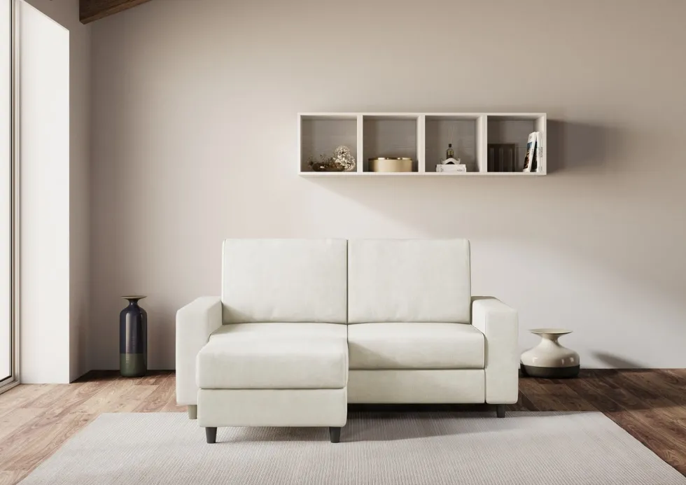 Divano 148x85cm design a due posti con bracciolo squadrato idrorepellente e pouf bianco latte DI15