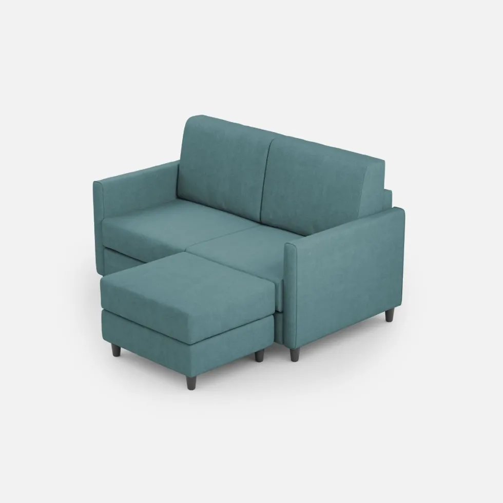 Divano 138x85cm design a due posti con pouf stoffa idrorepellente blu petrolio DI26