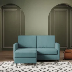 Divano 138x85cm design a due posti con pouf stoffa idrorepellente blu petrolio DI26