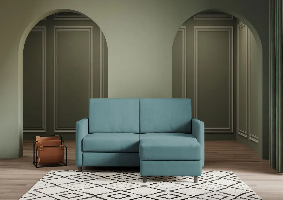 Divano 138x85cm design a due posti con pouf stoffa idrorepellente blu petrolio DI26